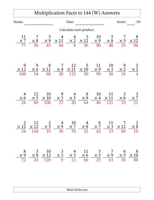 The Multiplication Facts to 144 (50 Questions) (No Zeros or Ones) (W) Math Worksheet Page 2