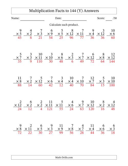 The Multiplication Facts to 144 (50 Questions) (No Zeros or Ones) (Y) Math Worksheet Page 2