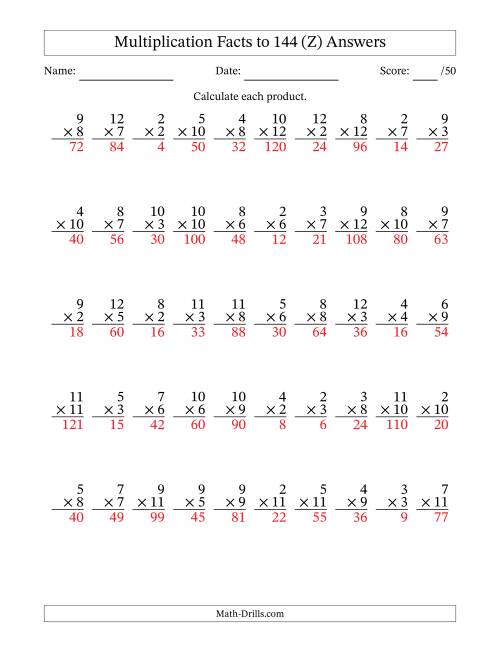 The Multiplication Facts to 144 (50 Questions) (No Zeros or Ones) (Z) Math Worksheet Page 2