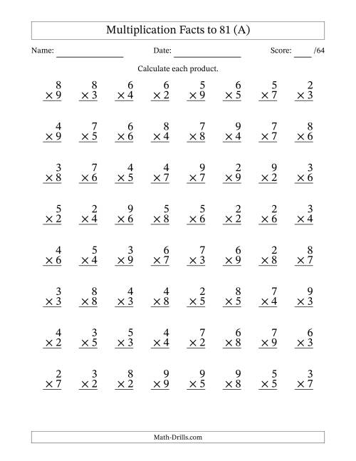 The Multiplication Facts to 81 (64 Questions) (No Zeros or Ones) (A) Math Worksheet