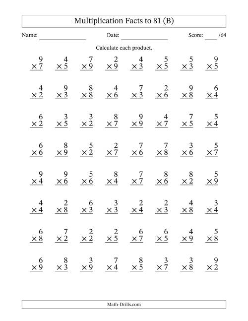 The Multiplication Facts to 81 (64 Questions) (No Zeros or Ones) (B) Math Worksheet