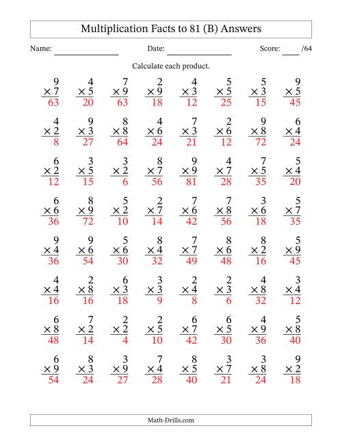 The Multiplication Facts to 81 (64 Questions) (No Zeros or Ones) (B) Math Worksheet Page 2
