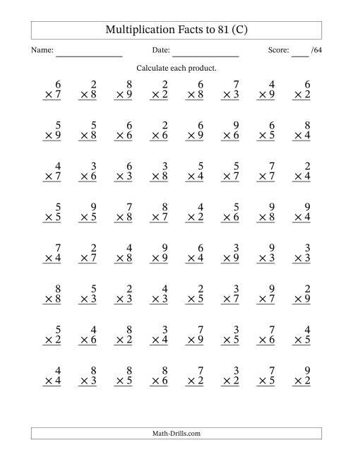 The Multiplication Facts to 81 (64 Questions) (No Zeros or Ones) (C) Math Worksheet