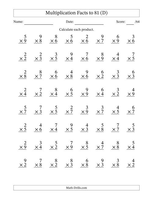 The Multiplication Facts to 81 (64 Questions) (No Zeros or Ones) (D) Math Worksheet