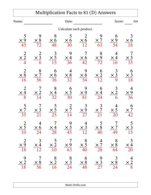 The Multiplication Facts to 81 (64 Questions) (No Zeros or Ones) (D) Math Worksheet Page 2