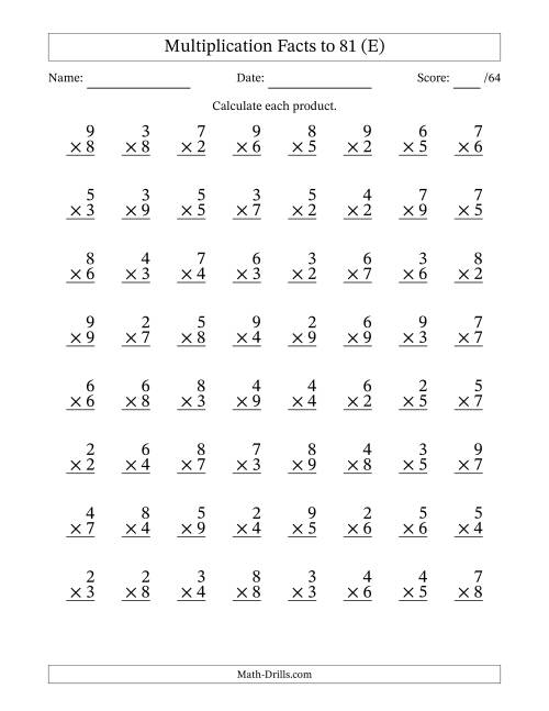 The Multiplication Facts to 81 (64 Questions) (No Zeros or Ones) (E) Math Worksheet