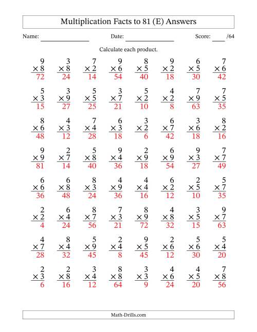 The Multiplication Facts to 81 (64 Questions) (No Zeros or Ones) (E) Math Worksheet Page 2