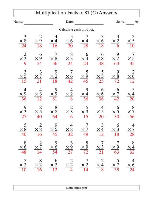 The Multiplication Facts to 81 (64 Questions) (No Zeros or Ones) (G) Math Worksheet Page 2