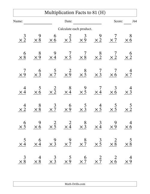 The Multiplication Facts to 81 (64 Questions) (No Zeros or Ones) (H) Math Worksheet
