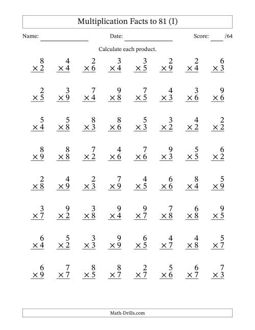 The Multiplication Facts to 81 (64 Questions) (No Zeros or Ones) (I) Math Worksheet