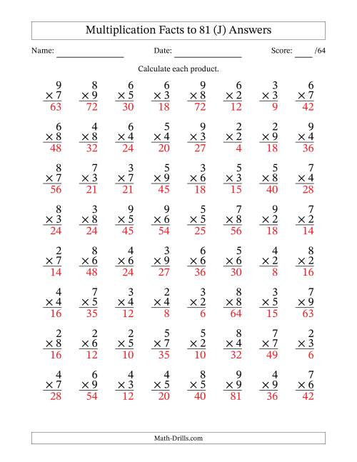 The Multiplication Facts to 81 (64 Questions) (No Zeros or Ones) (J) Math Worksheet Page 2
