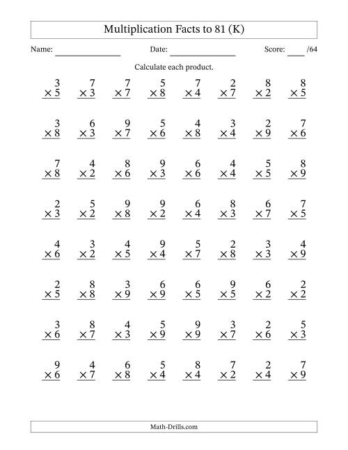 The Multiplication Facts to 81 (64 Questions) (No Zeros or Ones) (K) Math Worksheet