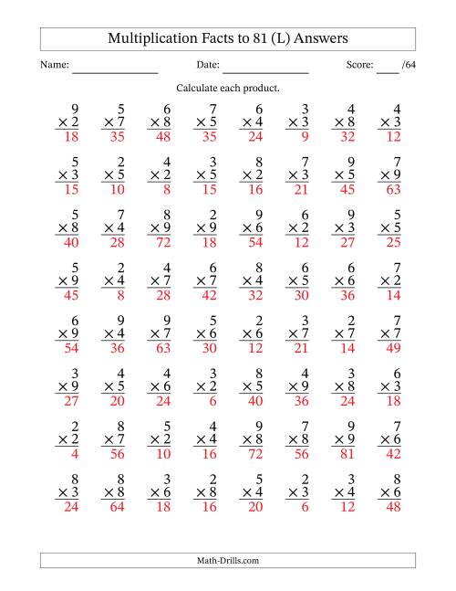 The Multiplication Facts to 81 (64 Questions) (No Zeros or Ones) (L) Math Worksheet Page 2