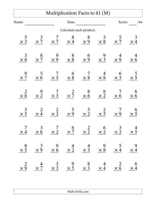 The Multiplication Facts to 81 (64 Questions) (No Zeros or Ones) (M) Math Worksheet