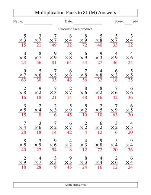 The Multiplication Facts to 81 (64 Questions) (No Zeros or Ones) (M) Math Worksheet Page 2
