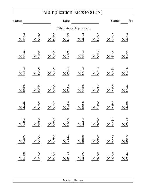 The Multiplication Facts to 81 (64 Questions) (No Zeros or Ones) (N) Math Worksheet