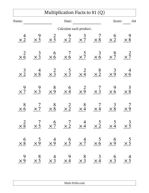 The Multiplication Facts to 81 (64 Questions) (No Zeros or Ones) (Q) Math Worksheet