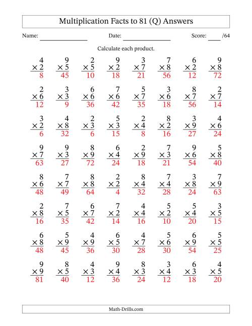 The Multiplication Facts to 81 (64 Questions) (No Zeros or Ones) (Q) Math Worksheet Page 2