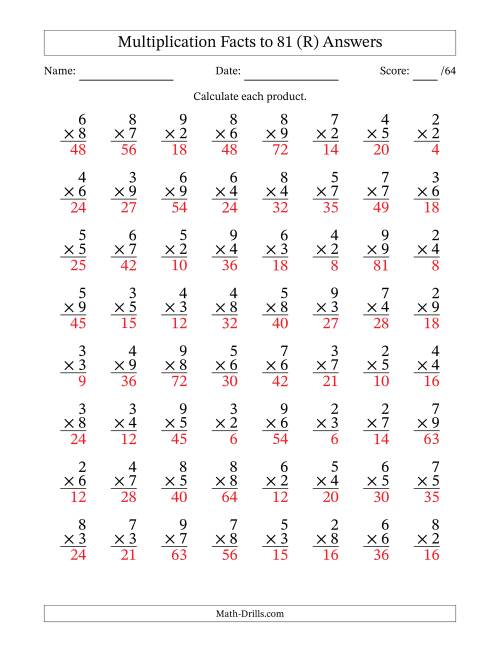 The Multiplication Facts to 81 (64 Questions) (No Zeros or Ones) (R) Math Worksheet Page 2