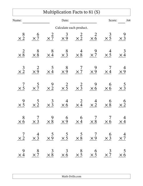 The Multiplication Facts to 81 (64 Questions) (No Zeros or Ones) (S) Math Worksheet