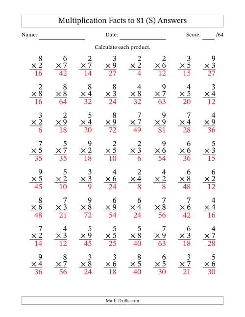 The Multiplication Facts to 81 (64 Questions) (No Zeros or Ones) (S) Math Worksheet Page 2