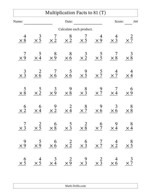 The Multiplication Facts to 81 (64 Questions) (No Zeros or Ones) (T) Math Worksheet