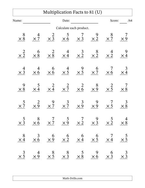 The Multiplication Facts to 81 (64 Questions) (No Zeros or Ones) (U) Math Worksheet