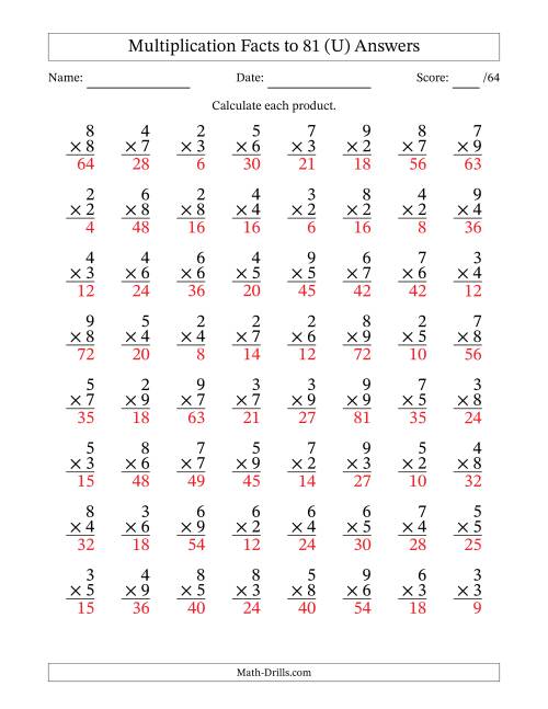 The Multiplication Facts to 81 (64 Questions) (No Zeros or Ones) (U) Math Worksheet Page 2