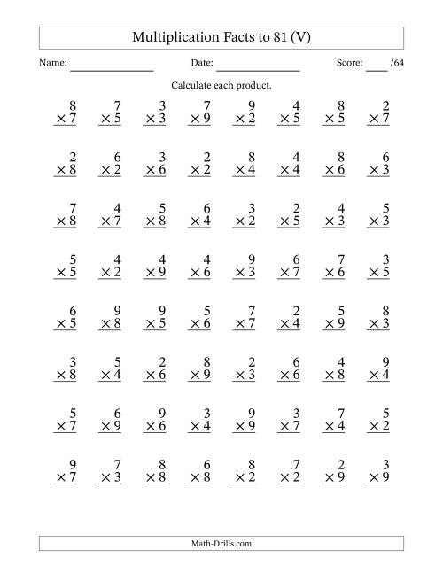 The Multiplication Facts to 81 (64 Questions) (No Zeros or Ones) (V) Math Worksheet