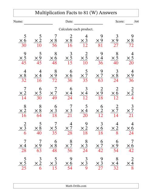 The Multiplication Facts to 81 (64 Questions) (No Zeros or Ones) (W) Math Worksheet Page 2