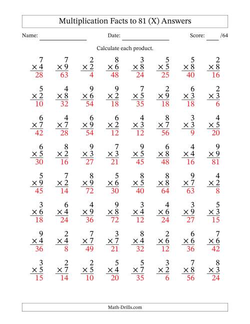 The Multiplication Facts to 81 (64 Questions) (No Zeros or Ones) (X) Math Worksheet Page 2