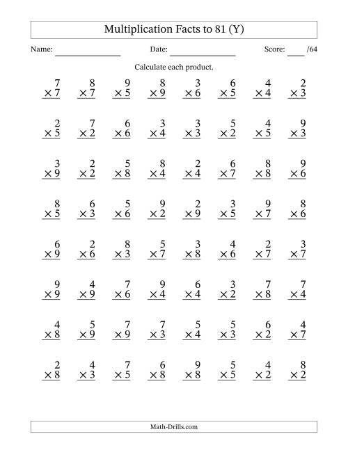 The Multiplication Facts to 81 (64 Questions) (No Zeros or Ones) (Y) Math Worksheet