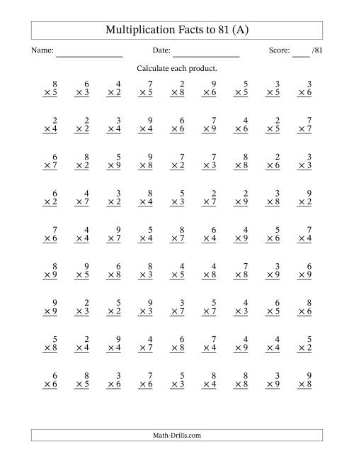 The Multiplication Facts to 81 (81 Questions) (No Zeros or Ones) (A) Math Worksheet
