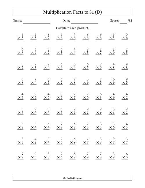 The Multiplication Facts to 81 (81 Questions) (No Zeros or Ones) (D) Math Worksheet