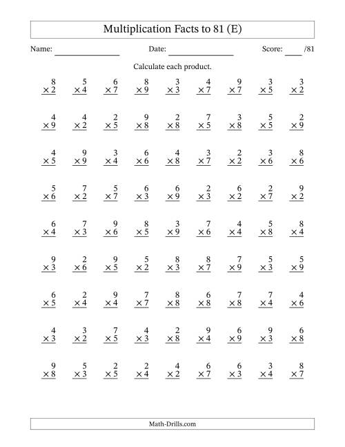 The Multiplication Facts to 81 (81 Questions) (No Zeros or Ones) (E) Math Worksheet