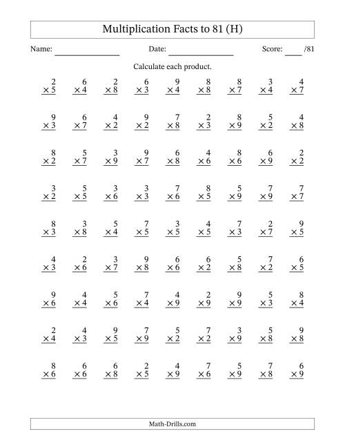 The Multiplication Facts to 81 (81 Questions) (No Zeros or Ones) (H) Math Worksheet