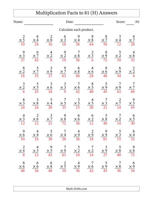 The Multiplication Facts to 81 (81 Questions) (No Zeros or Ones) (H) Math Worksheet Page 2