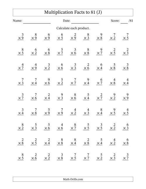 The Multiplication Facts to 81 (81 Questions) (No Zeros or Ones) (J) Math Worksheet