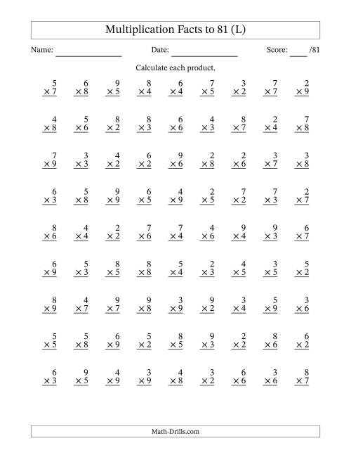 The Multiplication Facts to 81 (81 Questions) (No Zeros or Ones) (L) Math Worksheet