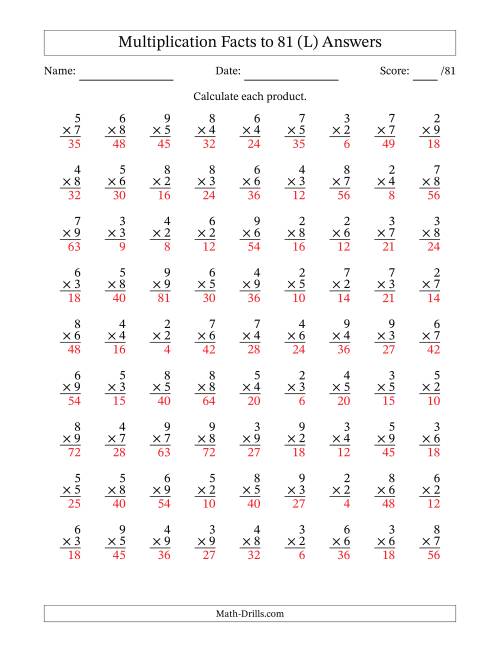 The Multiplication Facts to 81 (81 Questions) (No Zeros or Ones) (L) Math Worksheet Page 2