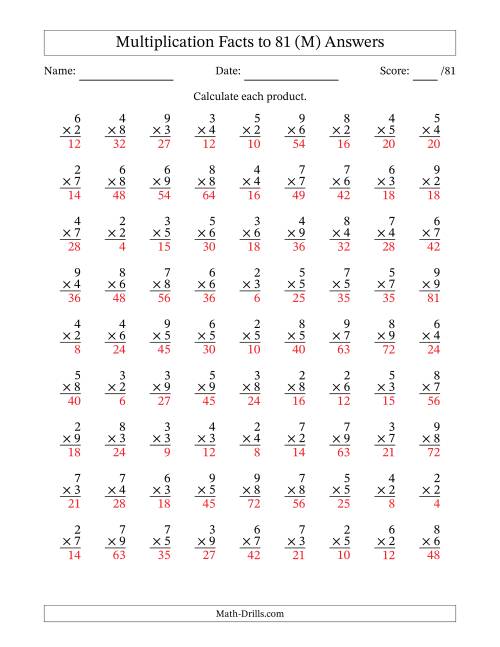 The Multiplication Facts to 81 (81 Questions) (No Zeros or Ones) (M) Math Worksheet Page 2