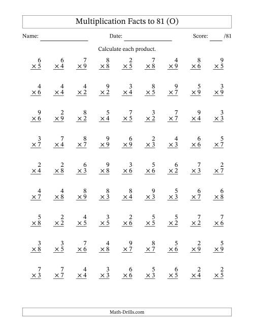 The Multiplication Facts to 81 (81 Questions) (No Zeros or Ones) (O) Math Worksheet