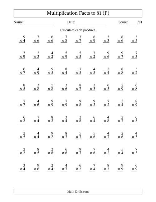 The Multiplication Facts to 81 (81 Questions) (No Zeros or Ones) (P) Math Worksheet
