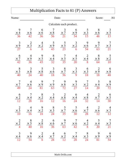 The Multiplication Facts to 81 (81 Questions) (No Zeros or Ones) (P) Math Worksheet Page 2