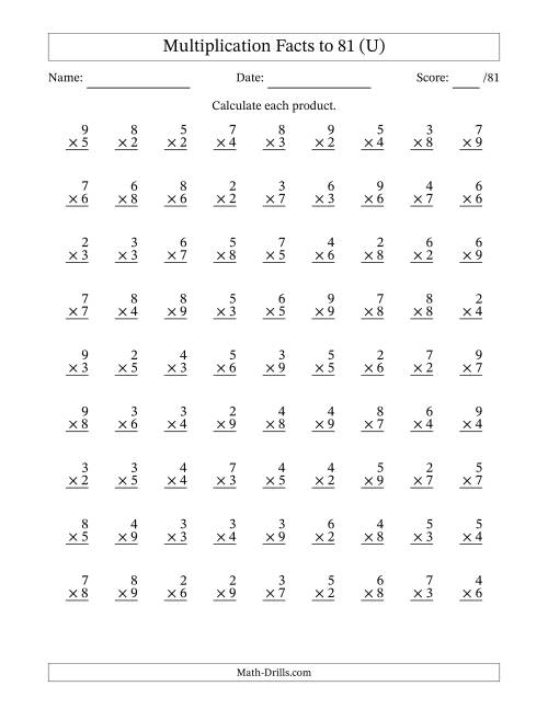 The Multiplication Facts to 81 (81 Questions) (No Zeros or Ones) (U) Math Worksheet