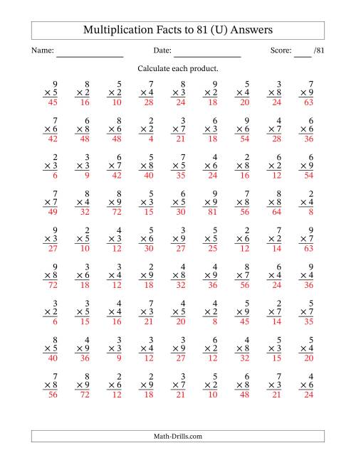 The Multiplication Facts to 81 (81 Questions) (No Zeros or Ones) (U) Math Worksheet Page 2