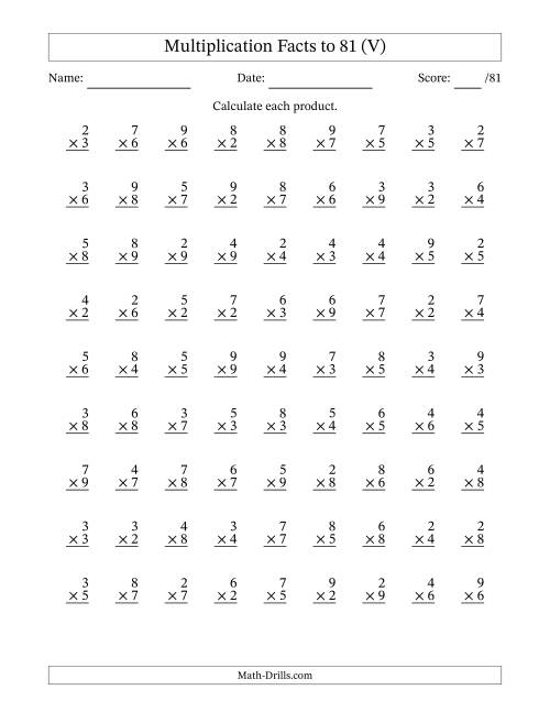 The Multiplication Facts to 81 (81 Questions) (No Zeros or Ones) (V) Math Worksheet