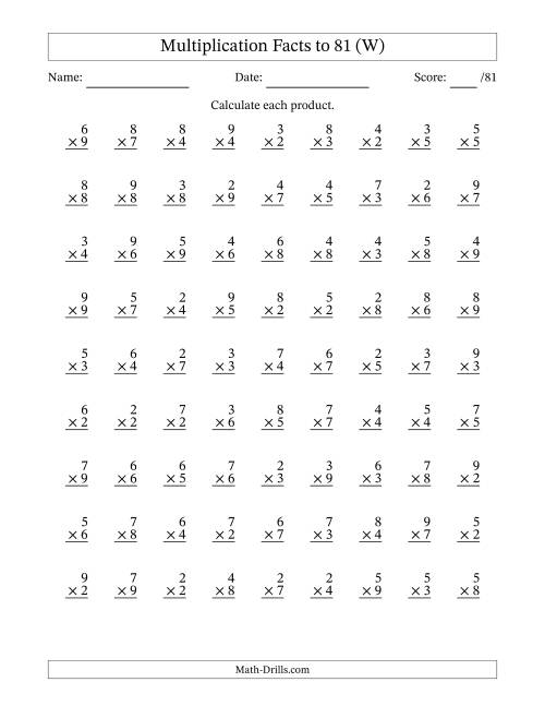 The Multiplication Facts to 81 (81 Questions) (No Zeros or Ones) (W) Math Worksheet
