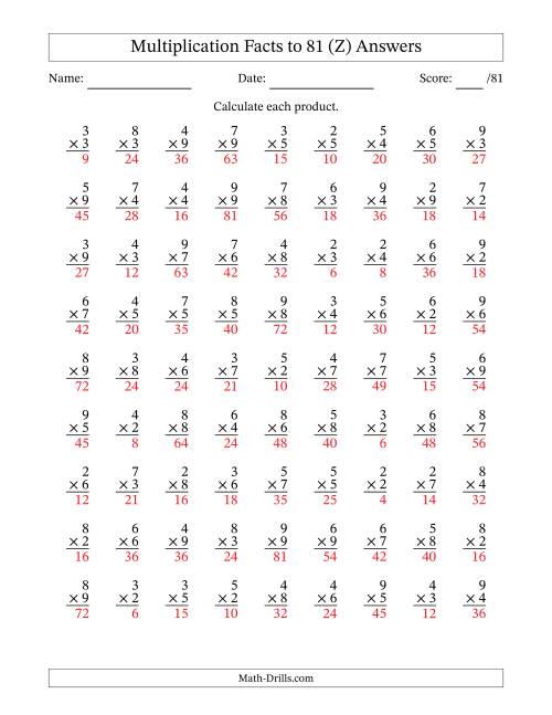 The Multiplication Facts to 81 (81 Questions) (No Zeros or Ones) (Z) Math Worksheet Page 2