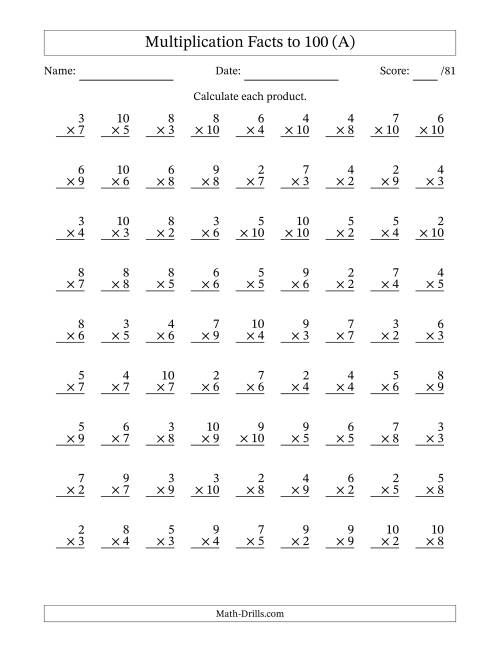 The Multiplication Facts to 100 (81 Questions) (No Zeros or Ones) (A) Math Worksheet